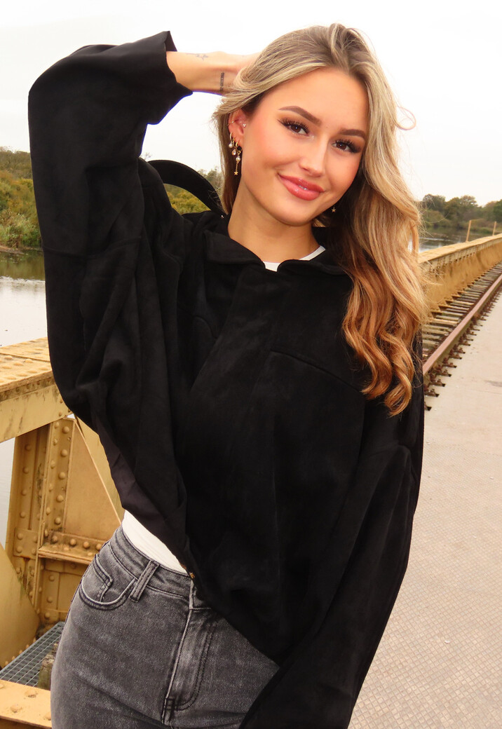 Zwarte Suèdelook Jas met Rits- en Knoopsluiting