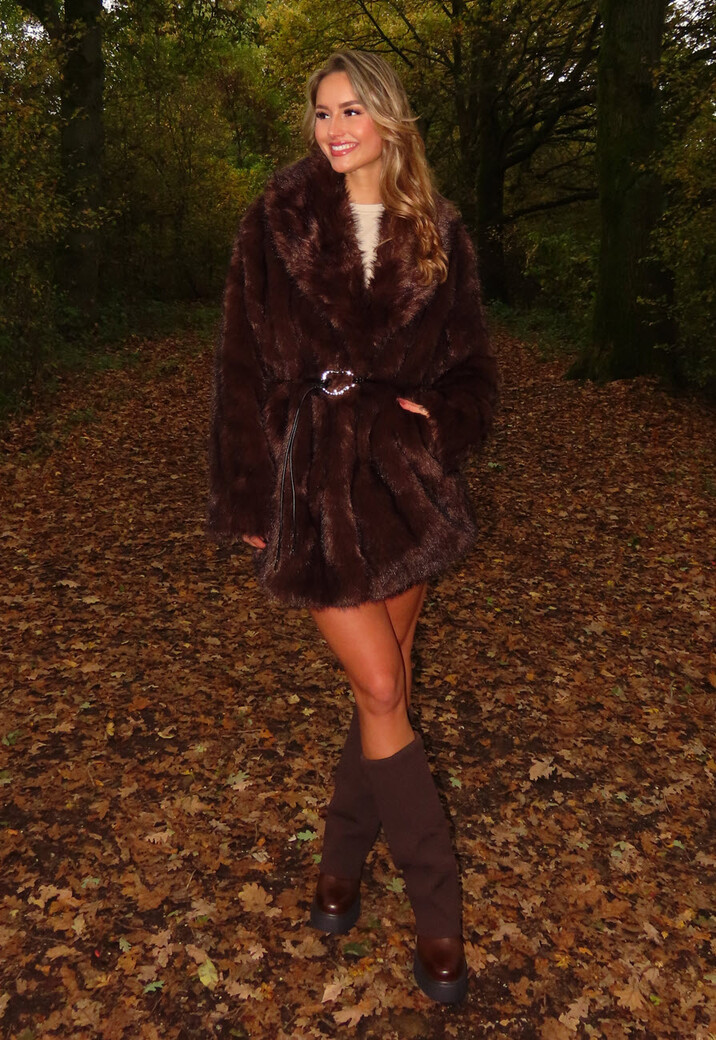 Donkerbruine Imitatiebont Jas met Ceintuur