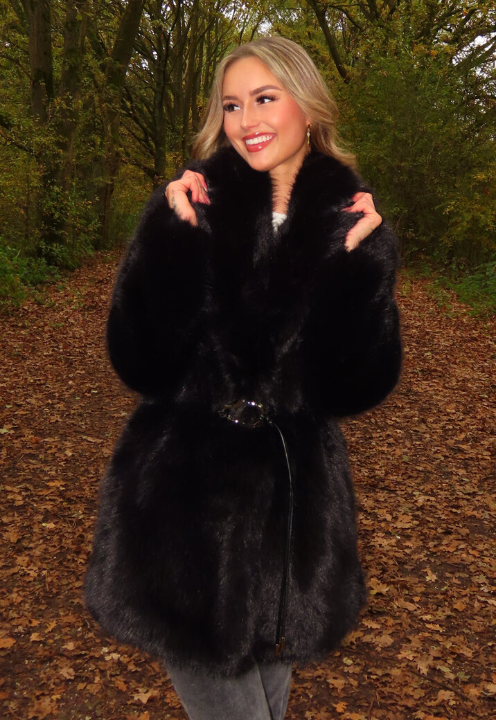 Zwarte Faux Fur Jas met Ceintuur