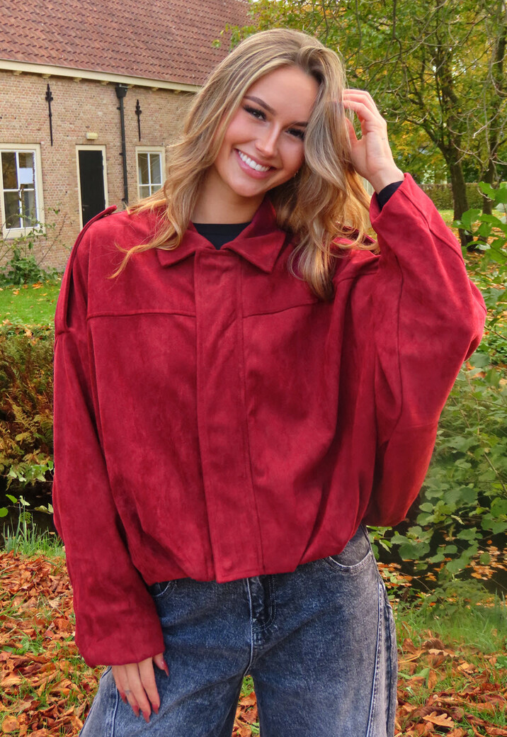 Bordeaux Suèdelook Jasje met Rits- en Knoopsluiting