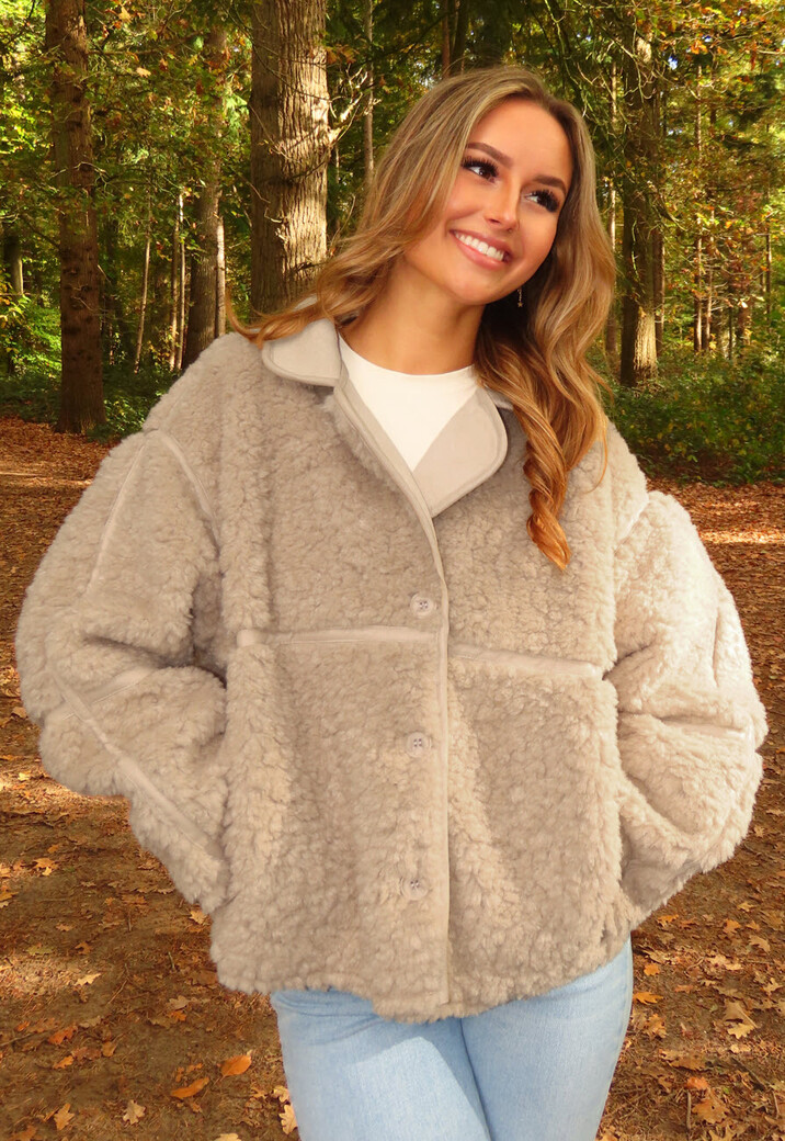 Beige Teddy Jas met Opstaande Kraag en Knoopsluiting