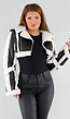 Zwart Wit Cropped Bontjack met Imitatieleer en Sherpa Afwerking