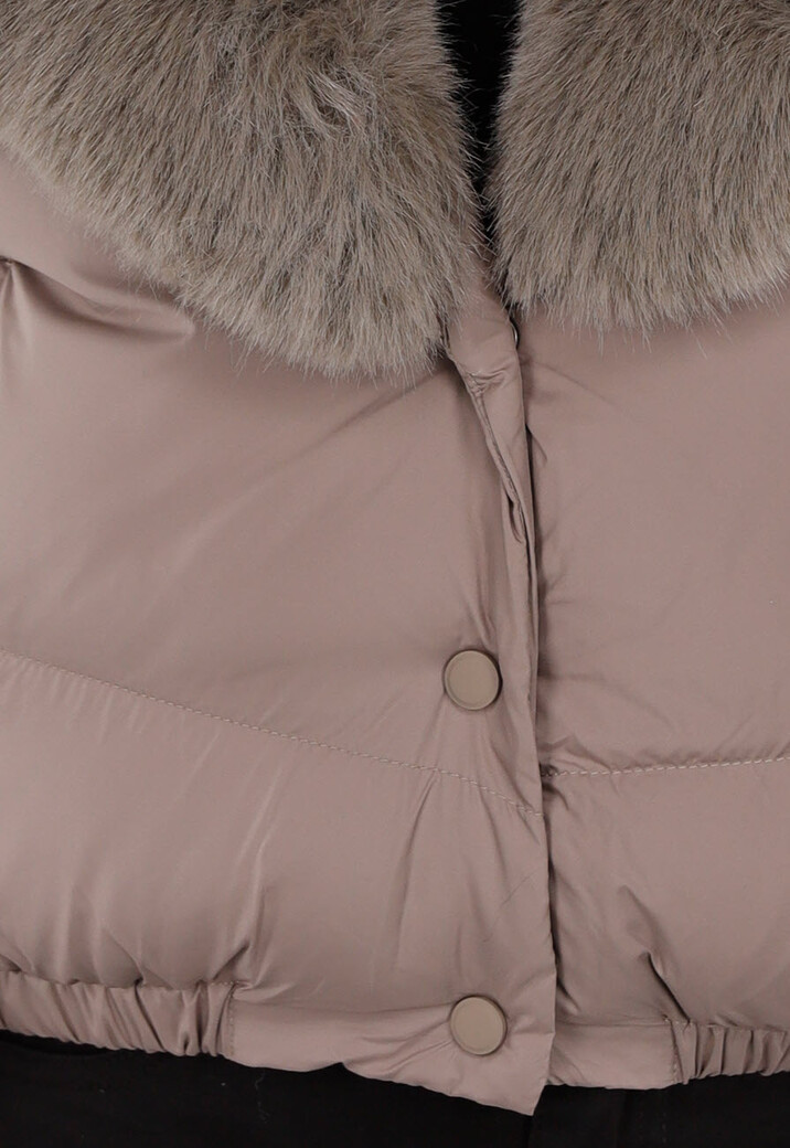 Taupe Pufferjas met Brede Imitatiebontkraag