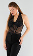 Zwarte Mesh Korset Top met Glitters en Beugels