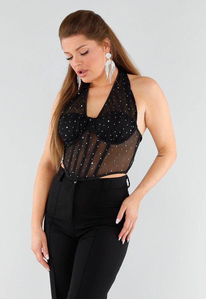 Zwarte Mesh Korset Top met Glitters en Beugels