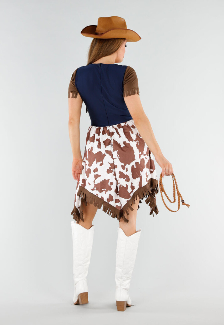 Cowgirl Kostuum met Witte Top Bruine Franjes en Koeienprint Rok