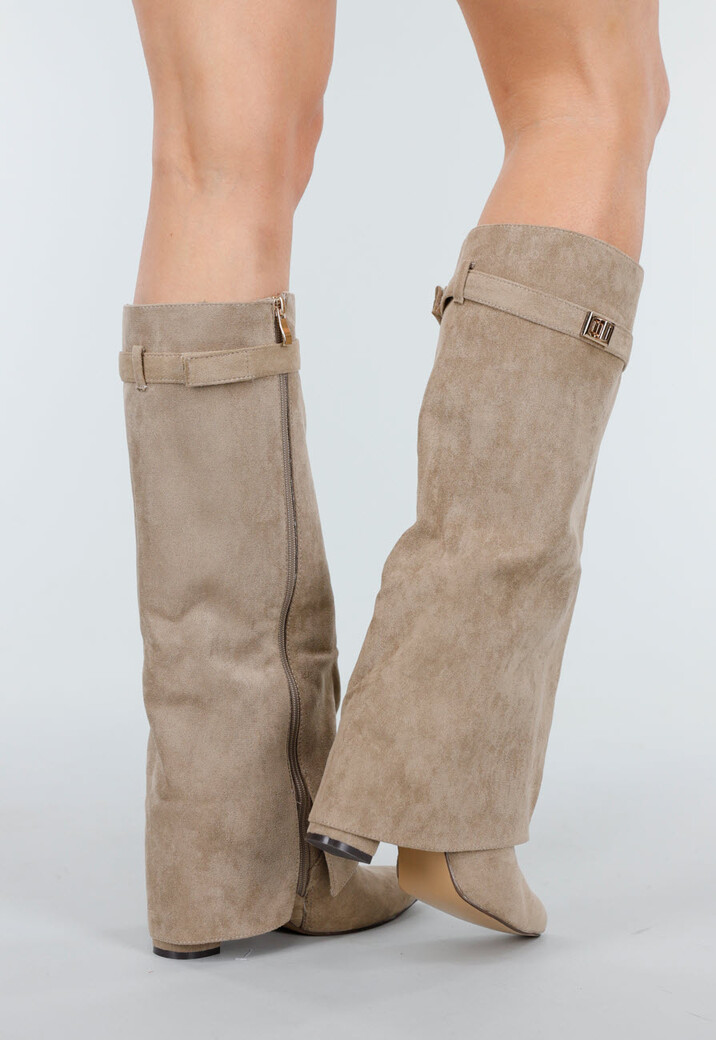 Beige Suède-look Hoge Laarzen met Bandje en Puntneus