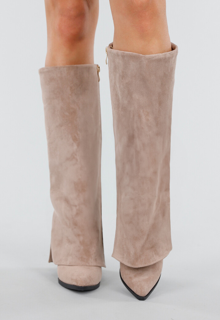 Beige Suède-look Hoge Laarzen met Split en Hak