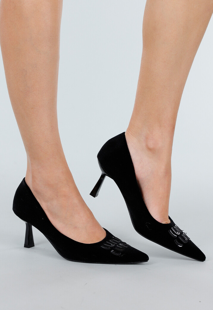 Zwarte Fluwelen Pumps met Lage Hak