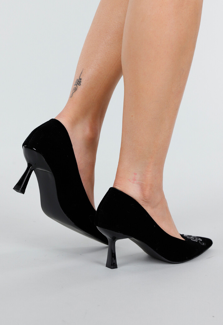 Zwarte Fluwelen Pumps met Lage Hak
