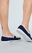 Donkerblauwe Loafers met Beige Bontvoering en Witte Zool