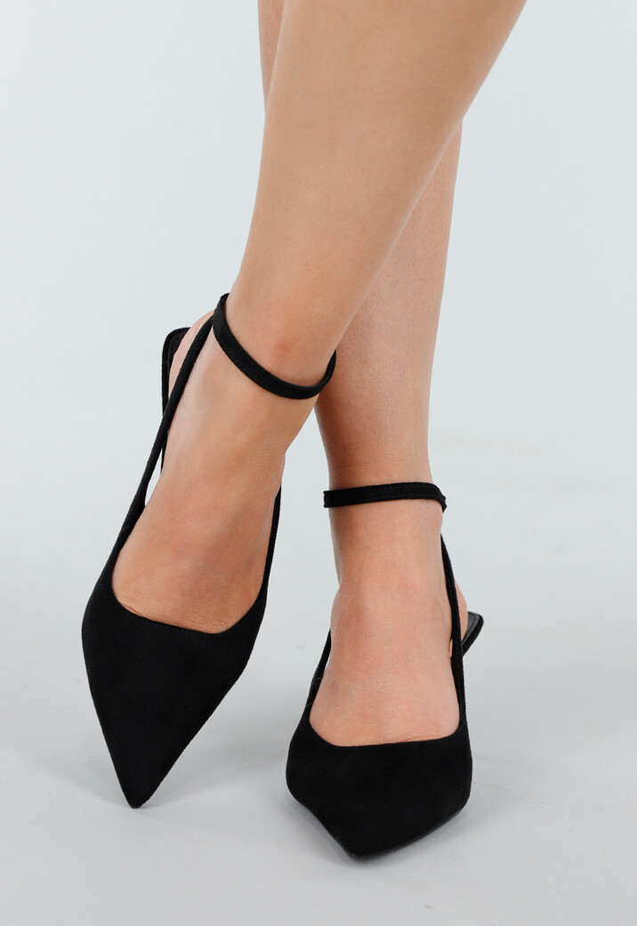 Zwarte Suède-Look Pumps met Enkelsluiting en Lage Hak