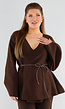 Bruine Overslag Trui met Leren Ceintuur en Wijde Mouwen