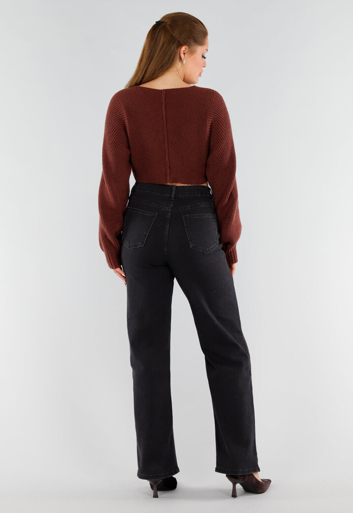 Donkerbruine Gebreide Cropped Trui met V-Hals en Ballonmouwen