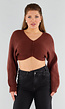 Donkerbruine Gebreide Cropped Trui met V-Hals en Ballonmouwen