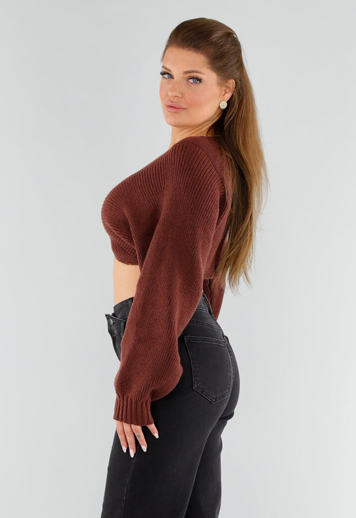 Donkerbruine Gebreide Cropped Trui met V-Hals en Ballonmouwen