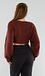 Donkerbruine Gebreide Cropped Trui met V-Hals en Ballonmouwen