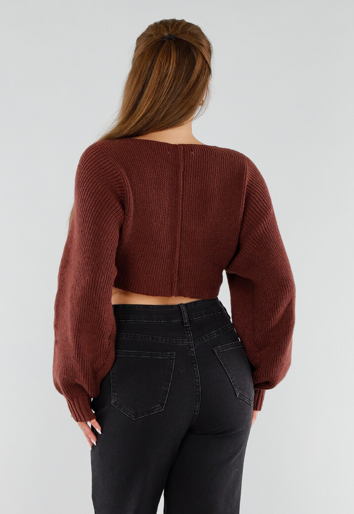 Donkerbruine Gebreide Cropped Trui met V-Hals en Ballonmouwen