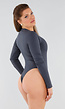 Donkergrijze Geribde String Body met Lange Mouwen en Ronde Hals