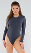 Donkergrijze Geribde String Body met Lange Mouwen en Ronde Hals