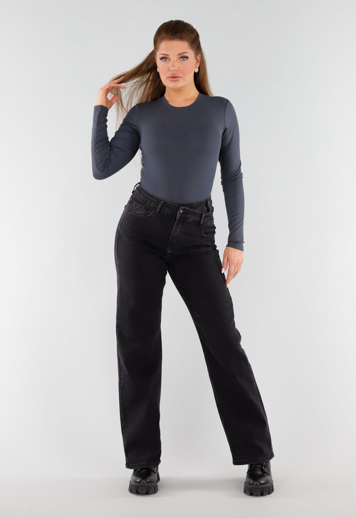 Donkergrijze Geribde String Body met Lange Mouwen en Ronde Hals