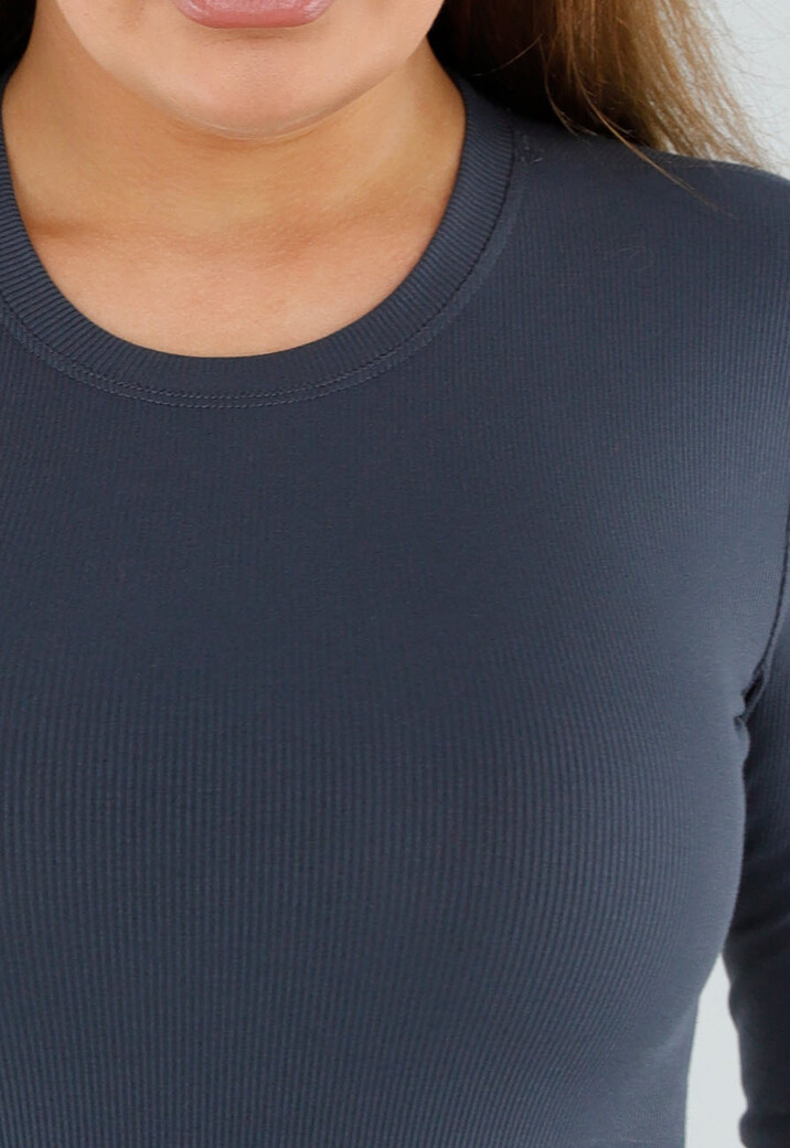 Donkergrijze Geribde String Body met Lange Mouwen en Ronde Hals