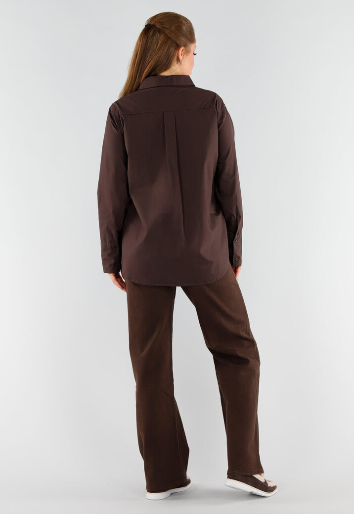 Donkerbruine Blouse met Lange Mouwen en Knoopsluiting