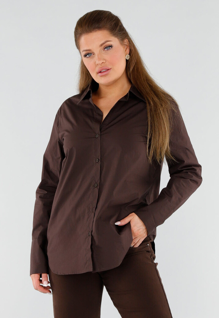 Donkerbruine Blouse met Lange Mouwen en Knoopsluiting