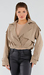 Beige Korte Trenchcoat met Schouderdetails en Knoopsluiting
