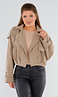 Beige Korte Trenchcoat met Schouderdetails en Knoopsluiting