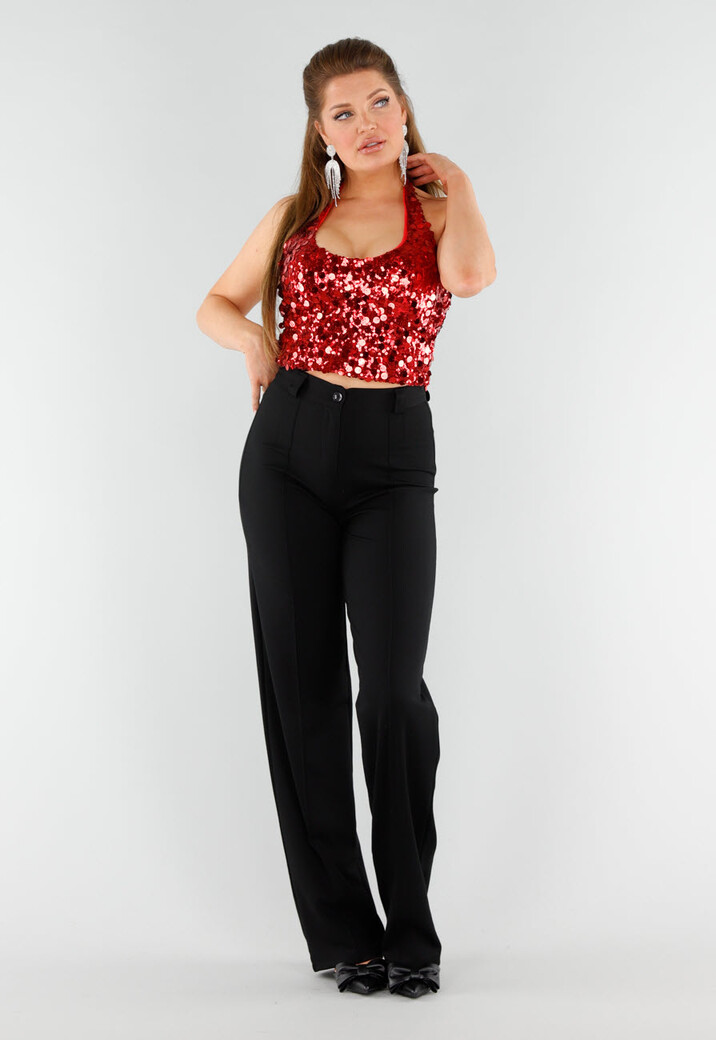 Rood Pailletten Halter Top met Open Rug
