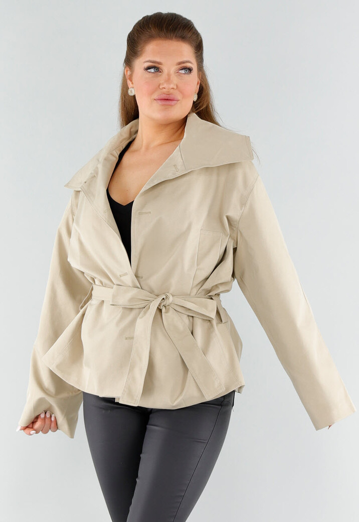 Beige Oversized Jas met Ceintuur en Brede Kraag