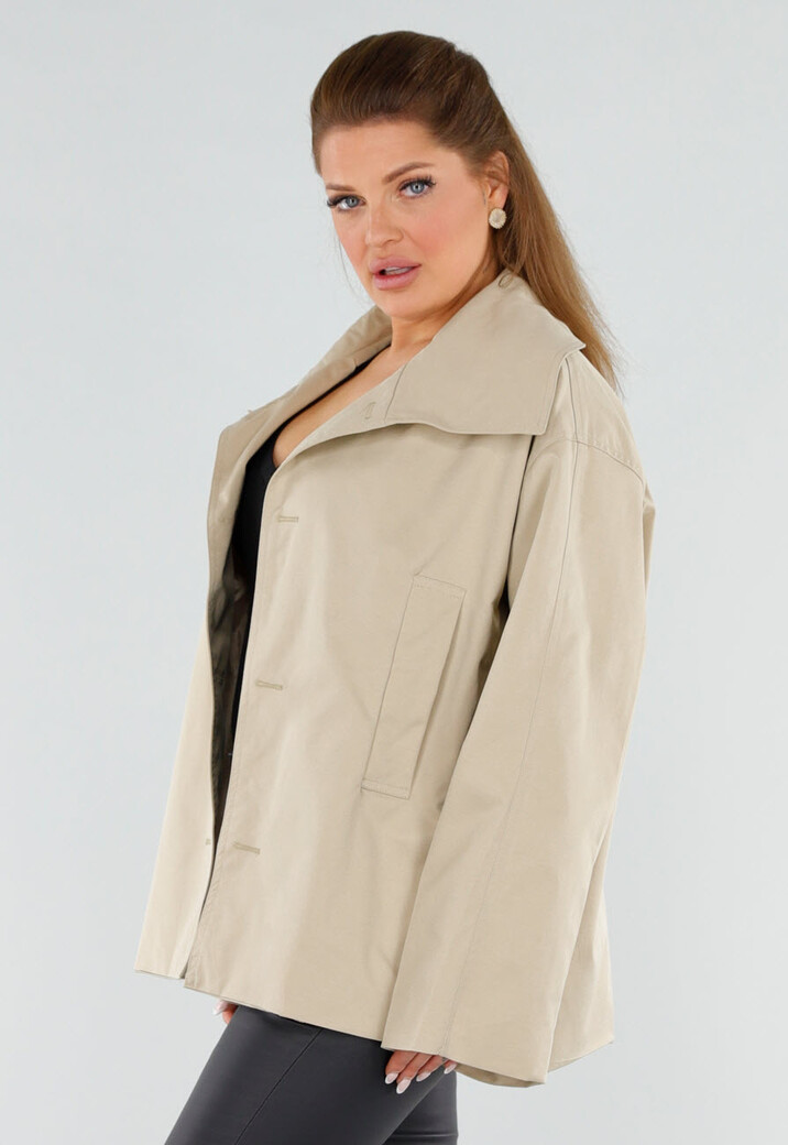 Beige Oversized Jas met Ceintuur en Brede Kraag