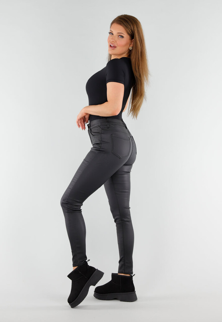 Zwarte String Body met Korte Mouwen en Ronde Hals