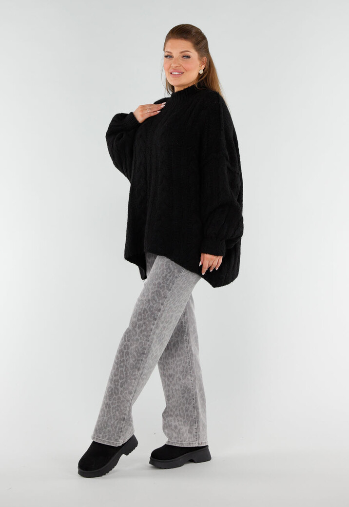 Zwarte Oversized Gebreide Trui met Colkraag en Kabelpatroon