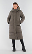 Khaki Lange Pufferjas met Capuchon en Hoge Kraag