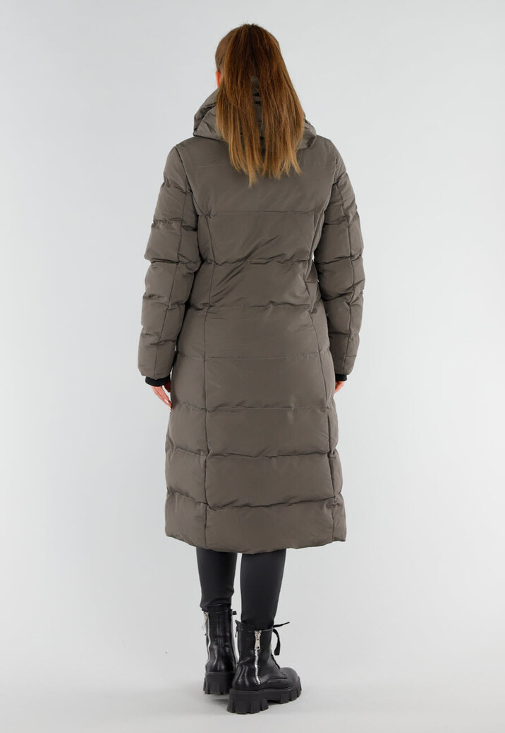 Khaki Lange Pufferjas met Capuchon en Hoge Kraag