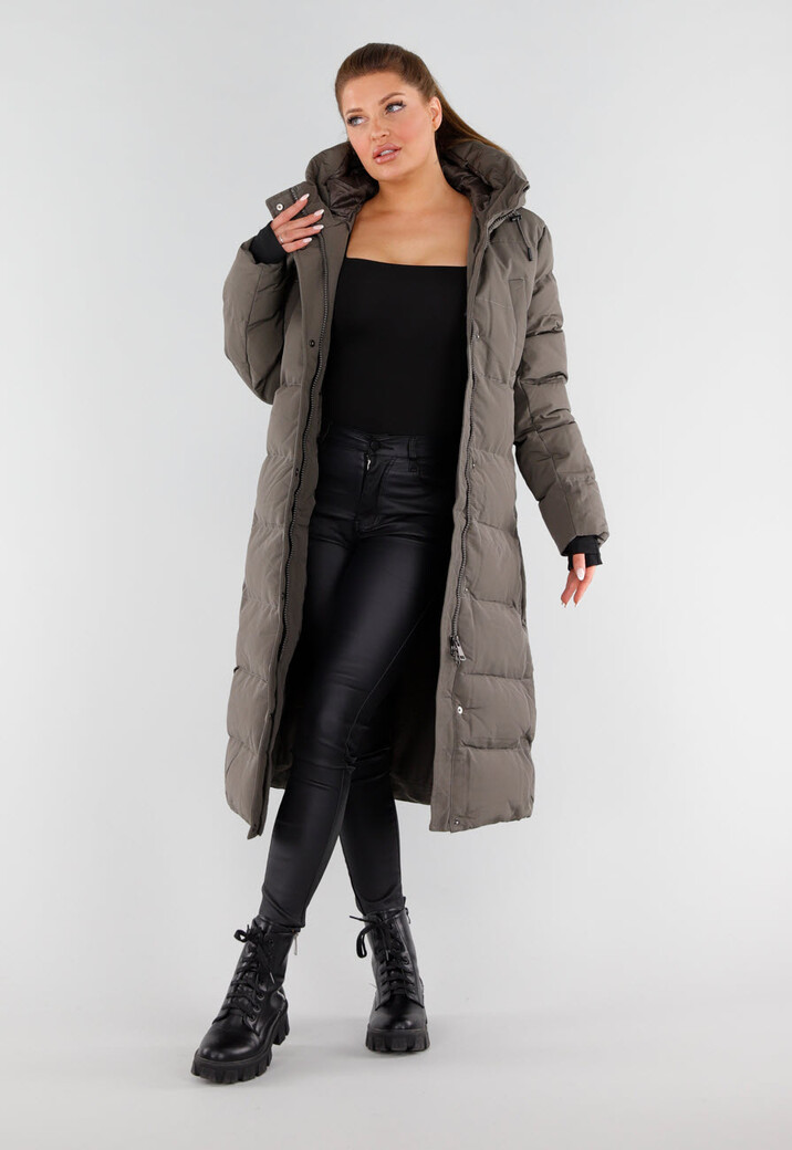 Khaki Lange Pufferjas met Capuchon en Hoge Kraag