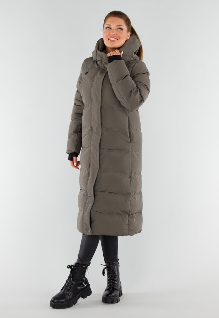 Khaki Lange Pufferjas met Capuchon en Hoge Kraag