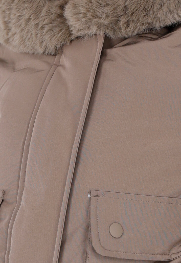 Taupe Korte Jas met Imitatiebontkraag