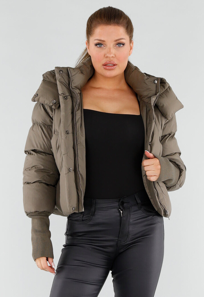 Taupe Pufferjas met Hoge Kraag en Capuchon