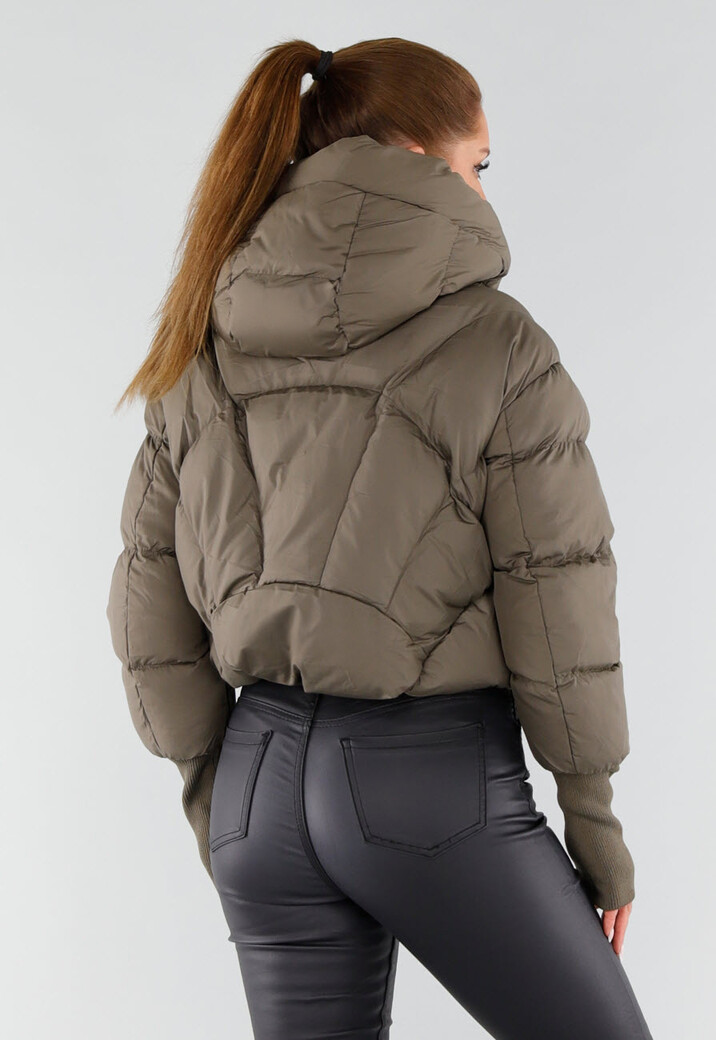 Taupe Pufferjas met Hoge Kraag en Capuchon