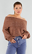 Bruine Gebreide Off Shoulder Trui van Wol met Brede Halsrand en Losvallende Pasvorm