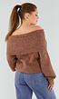 Bruine Gebreide Off Shoulder Trui van Wol met Brede Halsrand en Losvallende Pasvorm