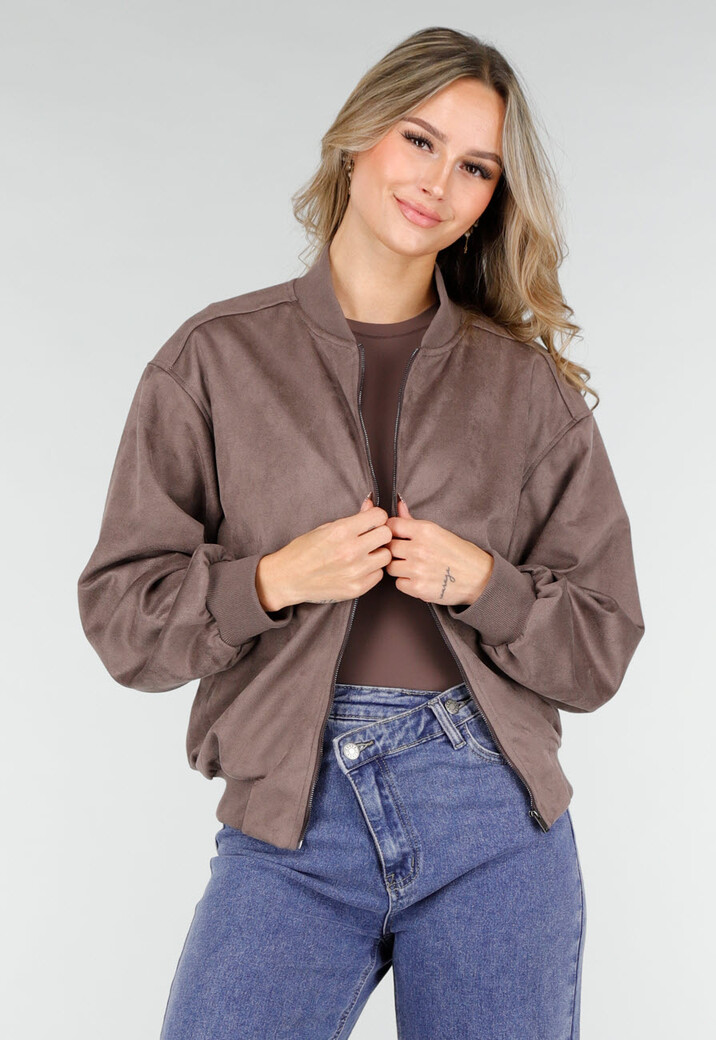 Bruin Grijs Bomberjack met Rits en Geribde Boorden
