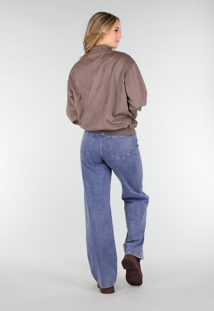 Bruin Grijs Bomberjack met Rits en Geribde Boorden