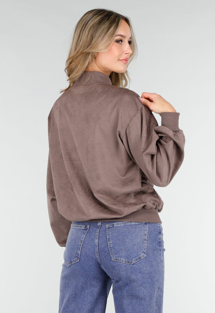 Bruin Grijs Bomberjack met Rits en Geribde Boorden