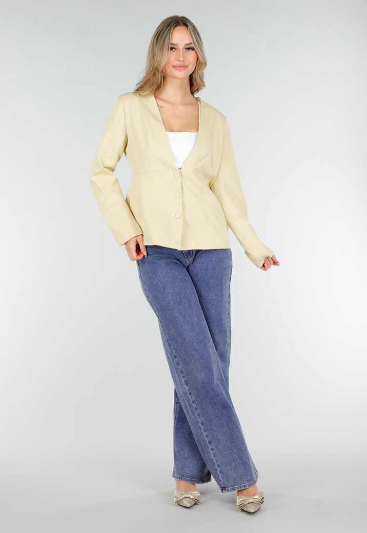 Lichtgele Blazer met Getailleerde Pasvorm en Knoopsluiting