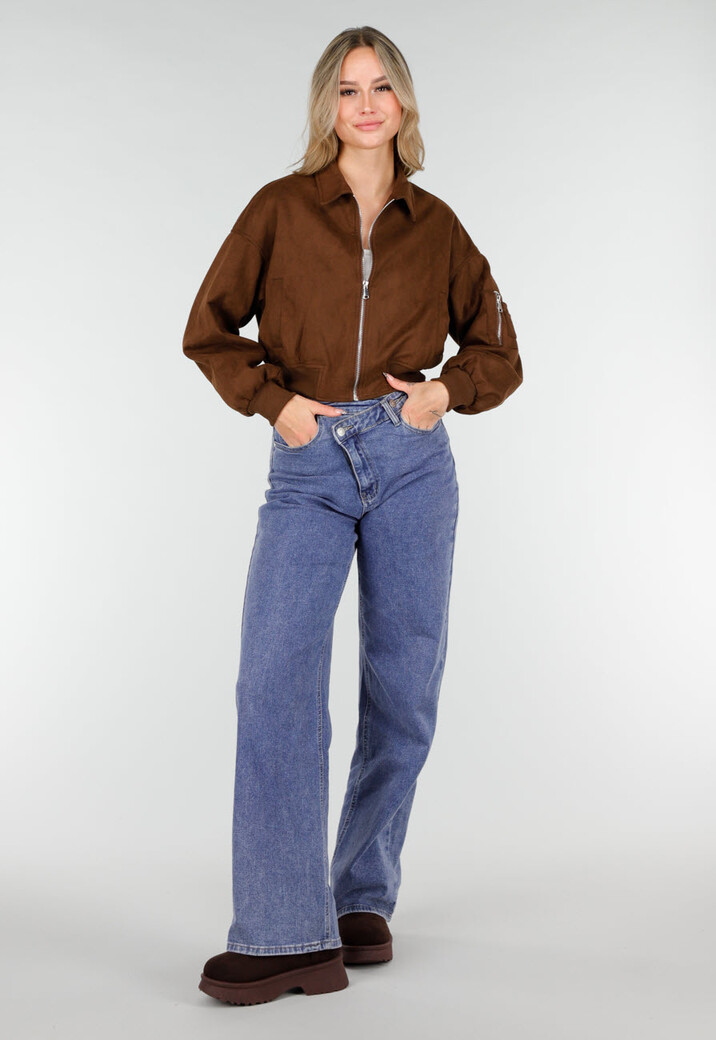 Donkerbruine Suèdelook Jas met Ritssluiting