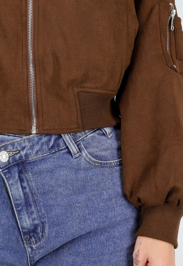 Donkerbruine Suèdelook Jas met Ritssluiting